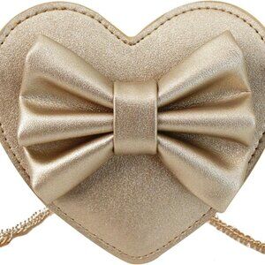 Girls Heart Shape Bowknot Mini Purse Crossbody Wallet Beige Gold Cute Compact Gi